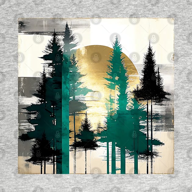 Sunlit Sentinels Rustic Pine Trees Abstract by The Art Mage